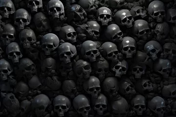 Fotobehang pile of skulls in various sizes and shades of gray, set against a stark black background, ai generative © larrui