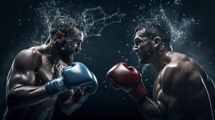 two boxers in a ring, dramatically colliding with water splashing around them, under a focused spotlight, ai generative