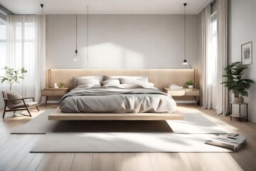 A minimalistic bedroom with a platform bed and soft, neutral hues
