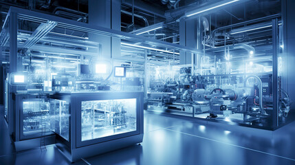 futuristic factory filled with various machines glowing in blue, set against a backdrop of pipes and ducts, ai generative,