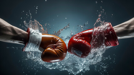 two boxing gloves colliding, causing a dramatic splash of water against a dark blue gradient background. ai generative - obrazy, fototapety, plakaty