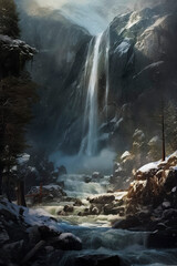 a waterfall cascading down a mountain, surrounded by rocks and trees, under a dark blue sky, ai generative