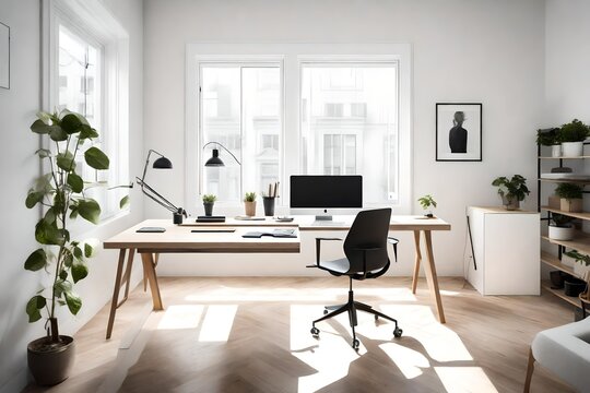 A minimalist workspace with a clutter-free desk and natural light pouring in