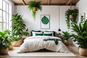 Home garden, bedroom in white and wooden tones. Close-up, bed, parquet floor and many houseplants. Urban jungle interior design. Biophilia concept. - obrazy, fototapety, plakaty