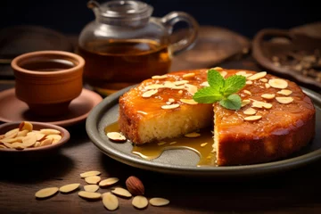 Poster A delicious plate of Basbousa, an Egyptian semolina cake topped with almonds, paired with a hot cup of tea © aicandy