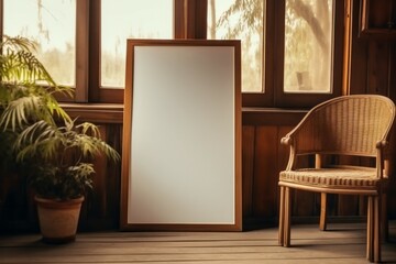 A poster frame standing in front of the window in a wooden rustic house. Mock up poster Frame