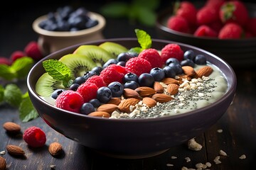 Close-up gluten-free, plant-based smoothie bowl with nutritious superfood toppings