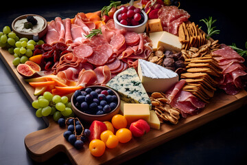 Spread of cured meats, artisanal cheeses, fresh fruits and nuts arranged on a rustic wooden board