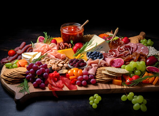 Charcuterie delights with a selection of meats, cheeses, fruits, and nuts presented on a wooden board