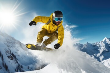 Fototapeta na wymiar Snowboarder in Yellow Jacket Shredding the Mountain