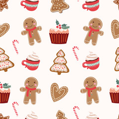 Christmas seamless pattern with gingerbread and Christmas sweets, seasonal winter wallpaper, background, wrapping paper