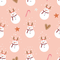 Christmas seamless pattern with snowman and seasonal elements, winter background, seasonal paper gift