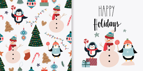 Christmas set with seamless pattern and greeting card, winter design 