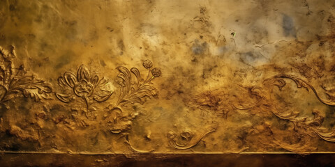 Gold Abstract Background. Golden Texture with Floral Pattern on the wall, Vintage Style. Golden Venetian Plaster, Old Stucco