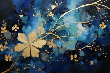  a mesmerizing artwork featuring alcohol ink shimmering snowflakes in shades of blue with intricate gold
