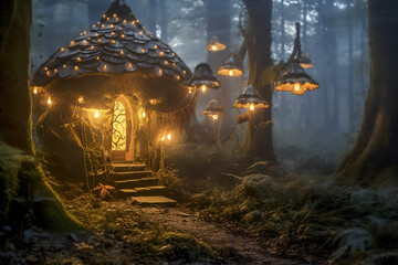 Baba yaga's hut in an enchanted forest