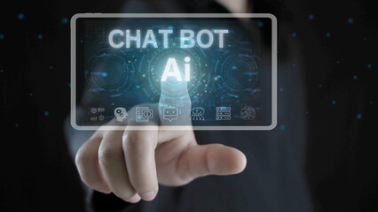 Businessman touching to index finger pressing computer key with AI word and symbol, Generative AI