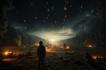 captivating photo featuring a child stargazing and discovering a UFO among the stars, photo, minimalistic cinematic style