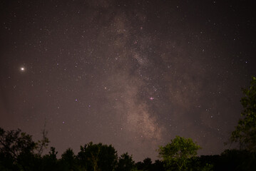 The milky way galaxy observed from a dark place in the middle of the wild forest. Planet Jupiter...