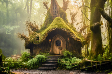 Baba yaga's hut in an enchanted forest - obrazy, fototapety, plakaty