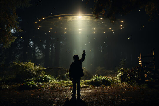 atmospheric photo showing a child using a flashlight to signal to an imaginary UFO in the darkness, photo, minimalistic cinematic style