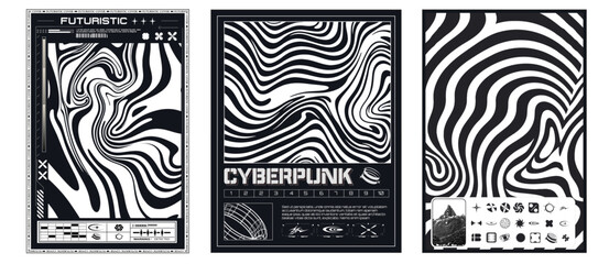 Abstract Artistic Collection: Futuristic and Cyberpunk Themed Black and White Graphic Posters. Techno style, psychedelic design, prints for t-shirts and sweatshirts. Vector illustration - obrazy, fototapety, plakaty