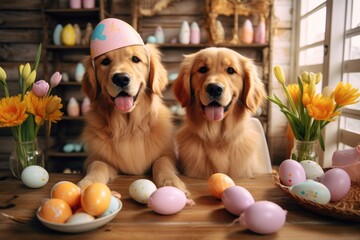 Adorable Golden Retriever Puppies During Easter - obrazy, fototapety, plakaty