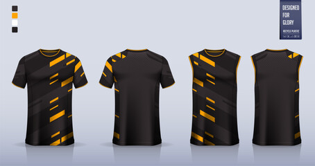 Black T-shirt sport, Soccer jersey, football kit, basketball uniform, tank top, and running singlet mockup. Fabric pattern design. 