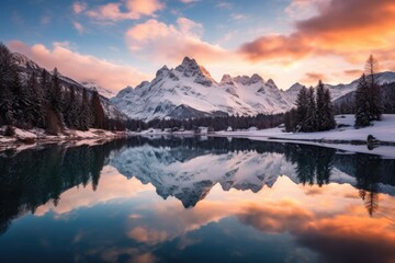 Snowy Mountains and Crystal Clear Lake at Sunrise