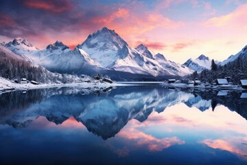 Snowy Mountains and Crystal Clear Lake at Sunrise