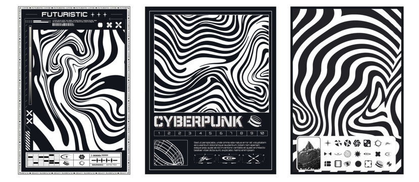 Abstract Artistic Collection: Futuristic and Cyberpunk Themed Black and White Graphic Posters. Techno style, psychedelic design, prints for t-shirts and sweatshirts. Vector illustration