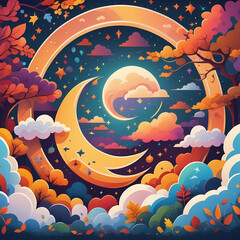 Vector-style drawing, autumn's vibrant colors dance across the detailed landscape, with big moons, stars, and clouds adding a touch of magic.