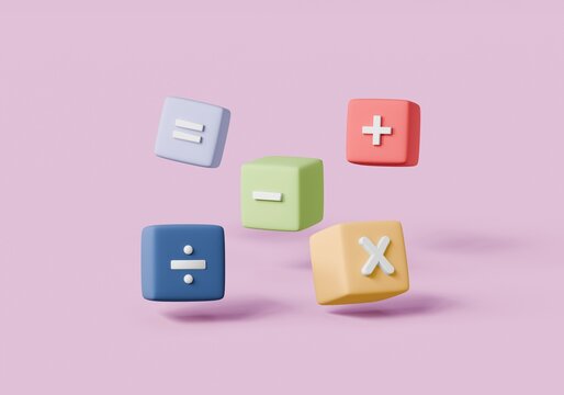 3D Mathematic dice, Mathematic learning education concept. floating on pink background. basic math operation colorful symbols math, plus, minus, multiplication, number divide. 3d render illustration.