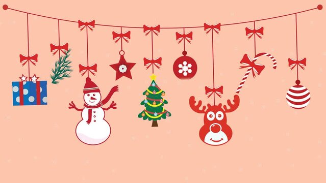 Animated illustration of Christmas decorations in the form of gifts, balls, decorated pine trees, sticks, star shapes, snowmen, deer heads with antlers, presents and leaves from pine trees