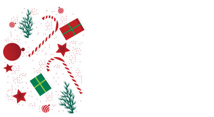 Illustrations of Christmas celebration props, namely gifts, pine trees, balls and sticks. Blank space for Christmas greetings