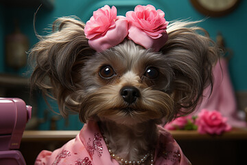 Glamour dog. Portrait of doggy with pink bow on pink background
