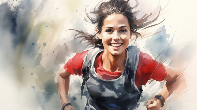 candid pretty young woman in a sport wear running outdoor, watercolor illustration