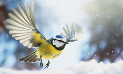 Macro of a flying blue tit bird in a snowy winter forest, blurred background - obrazy, fototapety, plakaty