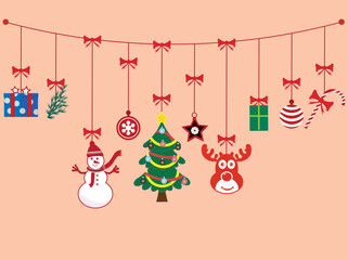 Abstract hanging Christmas decorations in the form of gifts, balls, pine trees, sticks, star shapes, snowmen, deer heads with antlers, gifts and leaves from pine trees