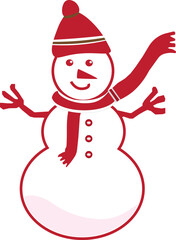 Illustration of a snowman during Christmas and winter celebrations. Illustration of a snowman in red, white and brown wearing a red hat, red scarf and wooden branches