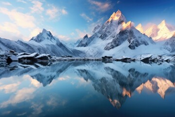 Snowy Mountains and Crystal Clear Lake at Sunrise