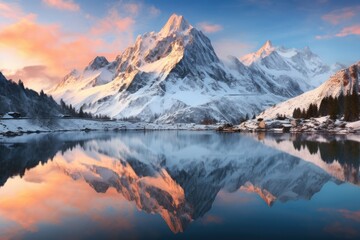 Snowy Mountains and Crystal Clear Lake at Sunrise
