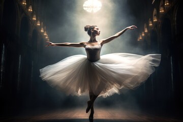 Fototapeta premium Graceful Ballerina Dancing on Stage with Dramatic Lighting