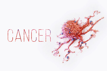 Cancer cell, tumor with metastasis isolated on white background. Concept of health care, medicine, biology, microbiology, science. 3D render, 3D illustration, copy space.