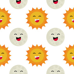 sun and moon seamless pattern with a cheerful face on white background