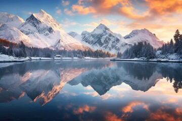Snowy Mountains and Crystal Clear Lake at Sunrise