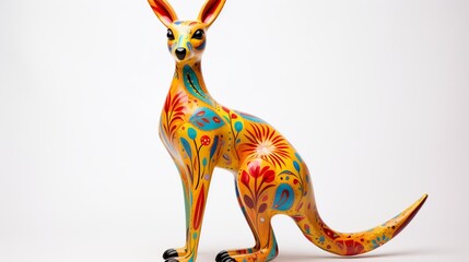 a colorful and whimsical portrayal of a kangaroo, its strong legs and curious gaze depicted in vibrant hues on a pristine white background.