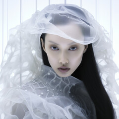 Asian beauty, fashion couture, portrait photography, avant-garde, highly intricate, ethereal fashion, clear facial features, very long hair, fashion editorial emphasizing lighting, cinematic