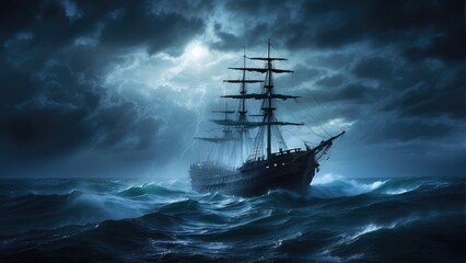 pirate ghost ship in the ocean at night in the storm - obrazy, fototapety, plakaty