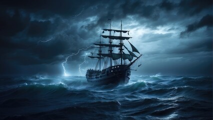 Fototapeta premium pirate ghost ship in the ocean at night in the storm